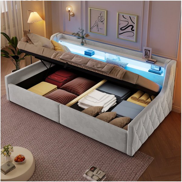 Flieks Daybett, Polsterbett 90x200cm mit hydraulischem Stauraum & LED-Beleuchtung