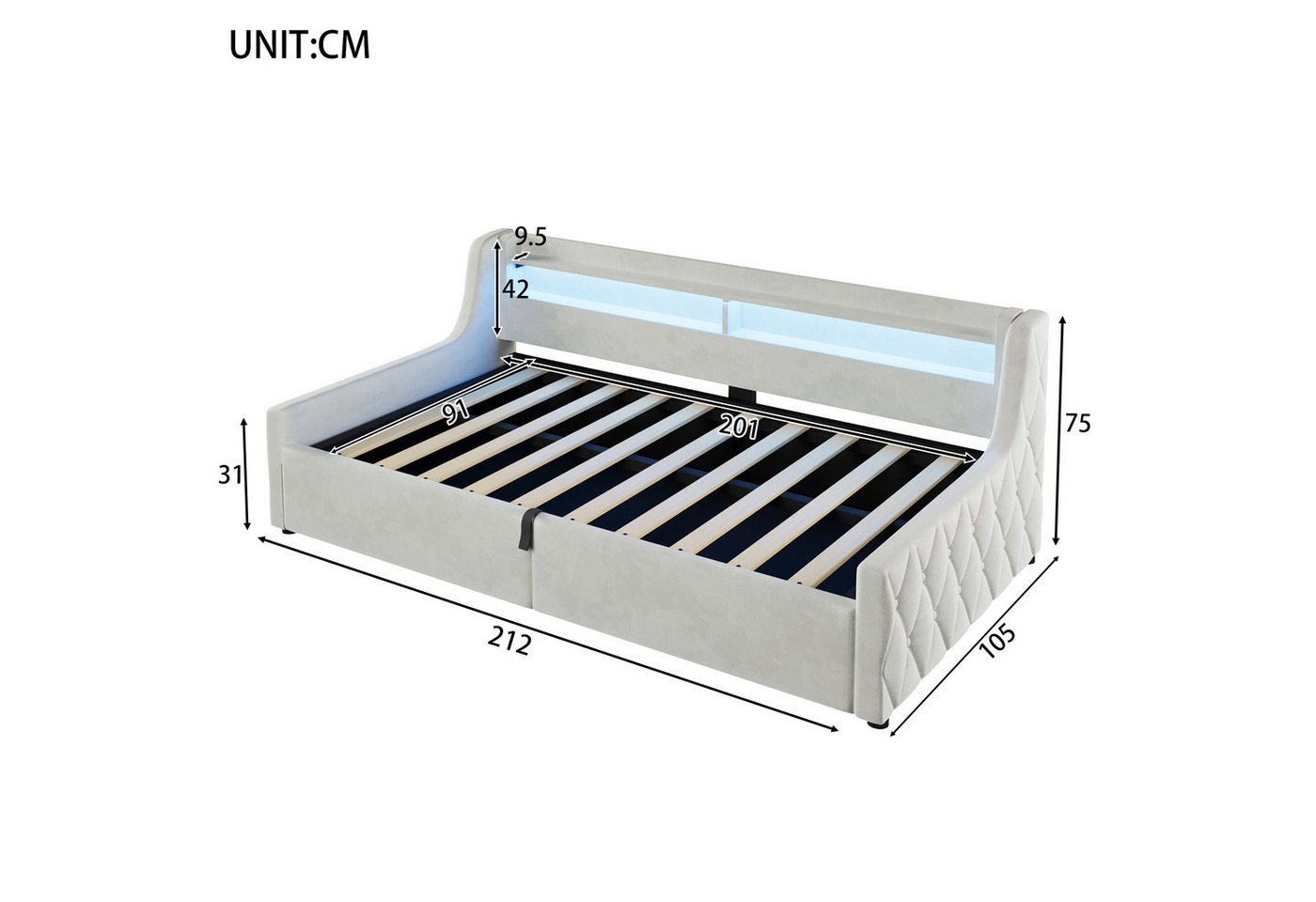 Flieks Daybett, Polsterbett 90x200cm mit hydraulischem Stauraum & LED-Beleuchtung – Bild 4 von 5