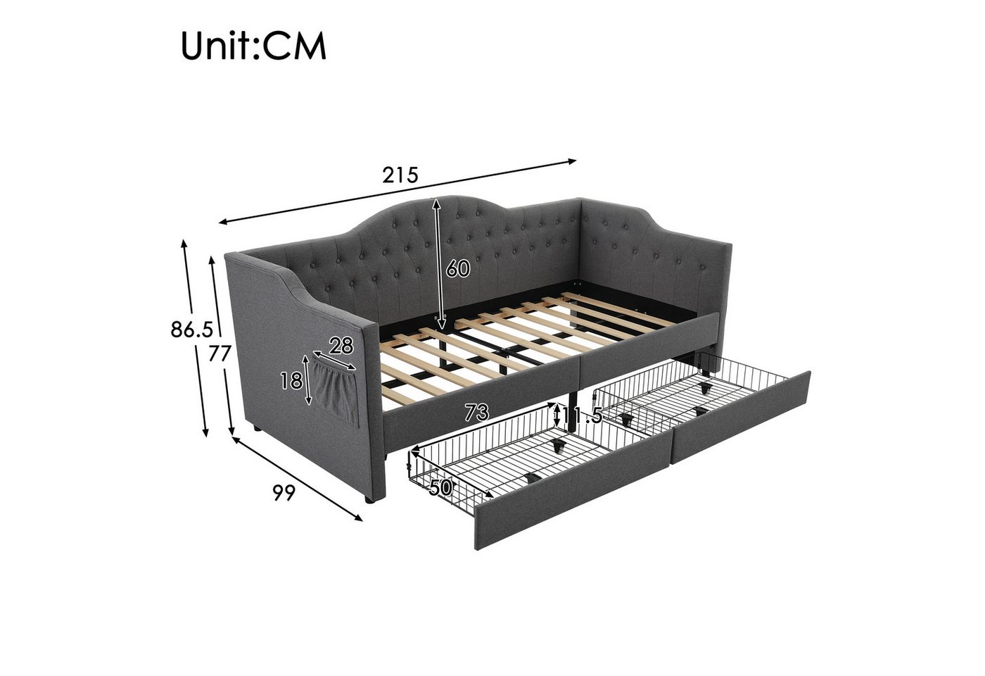 Flieks Daybett, Polsterbett Tagesbett 90x200cm mit Ladefunktion und Schubladen Leinen – Bild 4 von 5