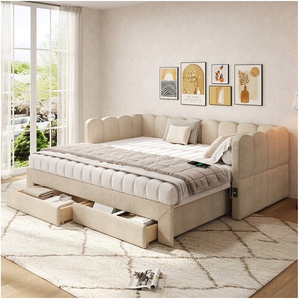 Flieks Daybett, Polsterbett Tagesbett 90/180x190cm mit Ausziehbett, 2 Schubladen, USB