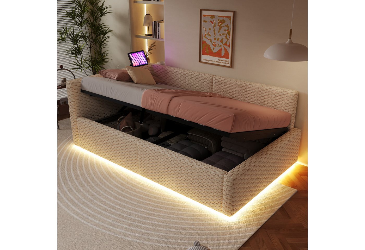 Flieks Daybett, Hydraulisches Polsterbett 90x200cm mit LED-Beleuchtung und Aufladen – Bild 2 von 5