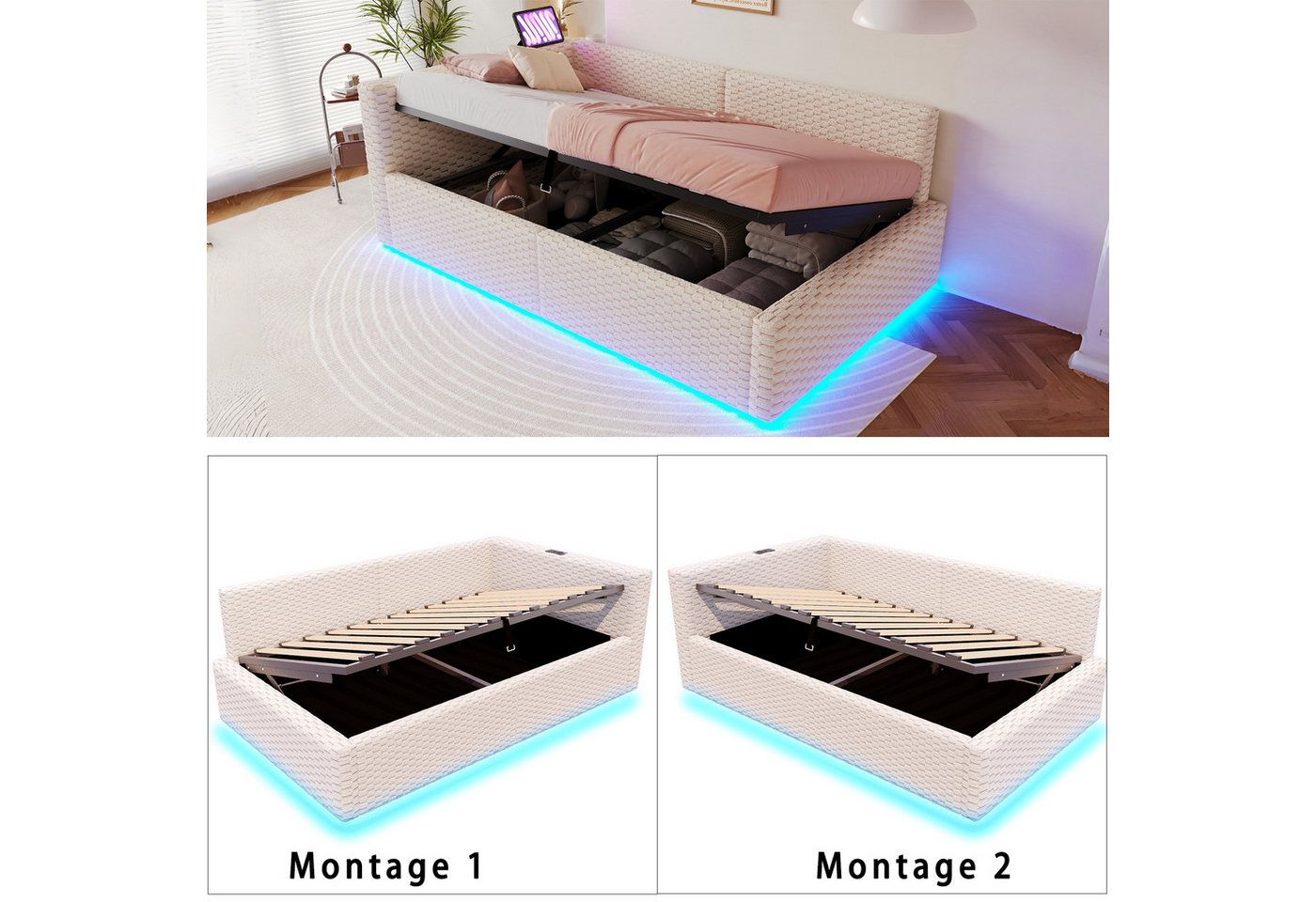Flieks Daybett, Hydraulisches Polsterbett 90x200cm mit LED-Beleuchtung und Aufladen – Bild 3 von 5