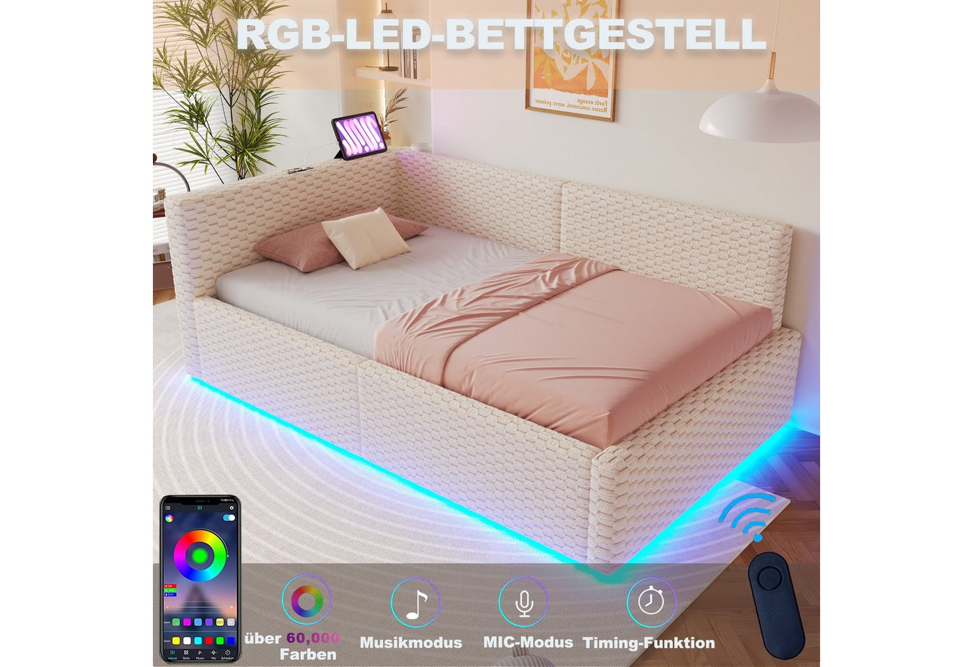 Flieks Daybett, Hydraulisches Polsterbett 90x200cm mit LED-Beleuchtung und Aufladen – Bild 4 von 5
