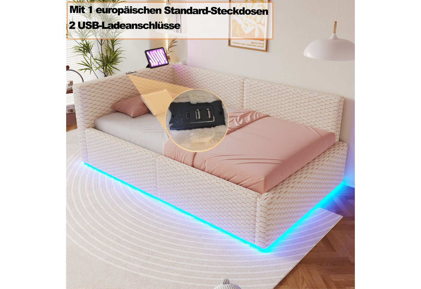 Flieks Daybett, Hydraulisches Polsterbett 90x200cm mit LED-Beleuchtung und Aufladen – Bild 5 von 5