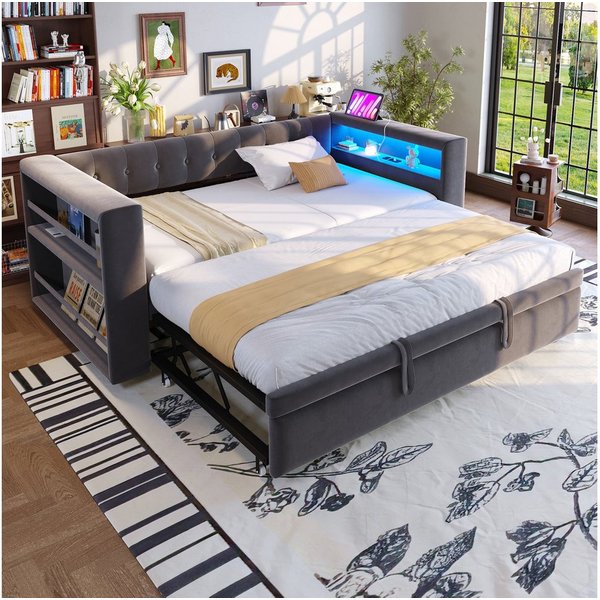 Flieks Daybett, Polsterbett Schlafsofa 90/180×190cm mit LED, Steckdose und Ausziehbett