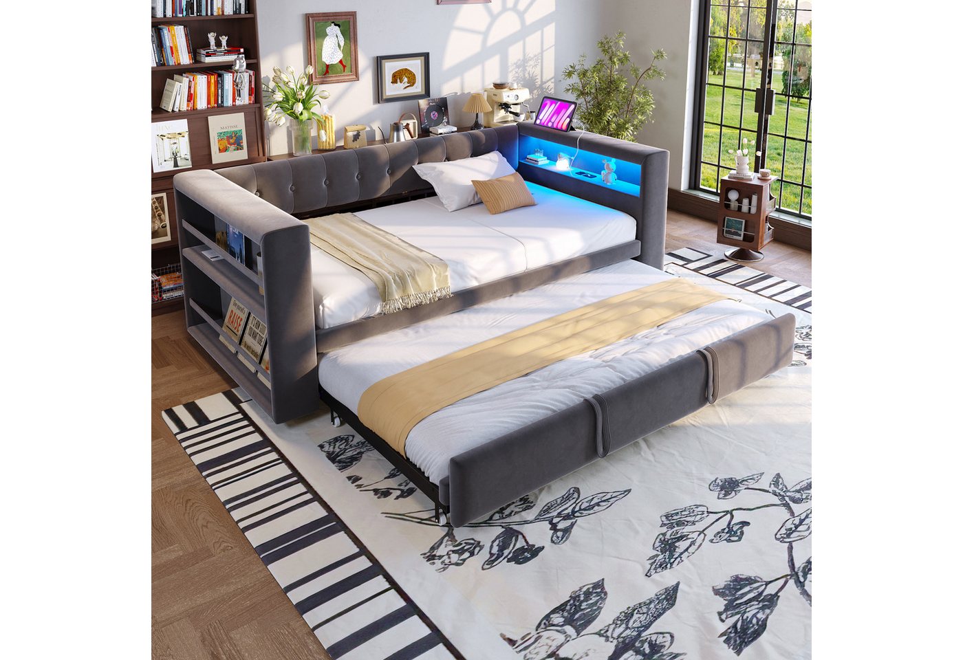 Flieks Daybett, Polsterbett Schlafsofa 90/180×190cm mit LED, Steckdose und Ausziehbett – Bild 2 von 5