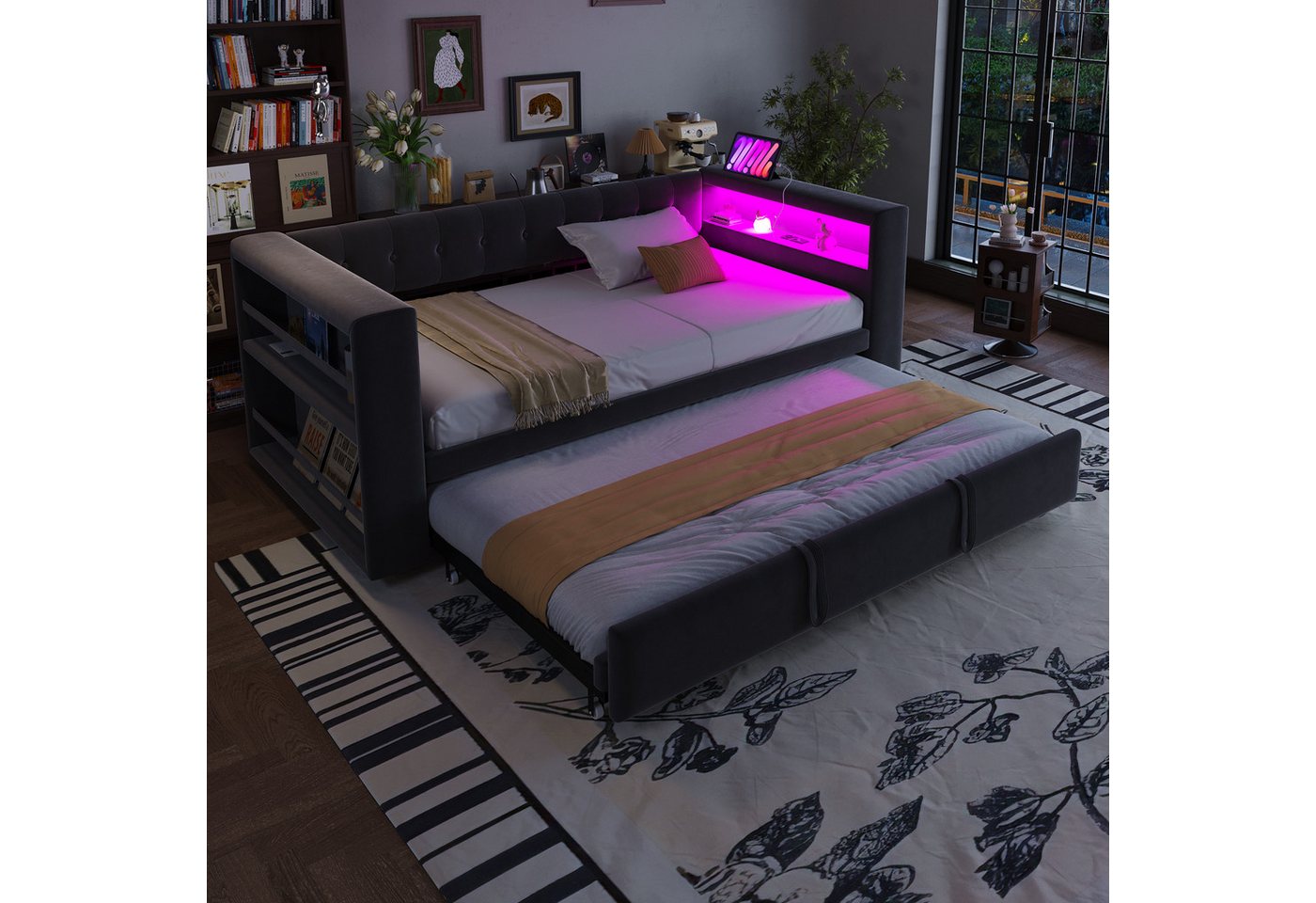 Flieks Daybett, Polsterbett Schlafsofa 90/180×190cm mit LED, Steckdose und Ausziehbett – Bild 3 von 5