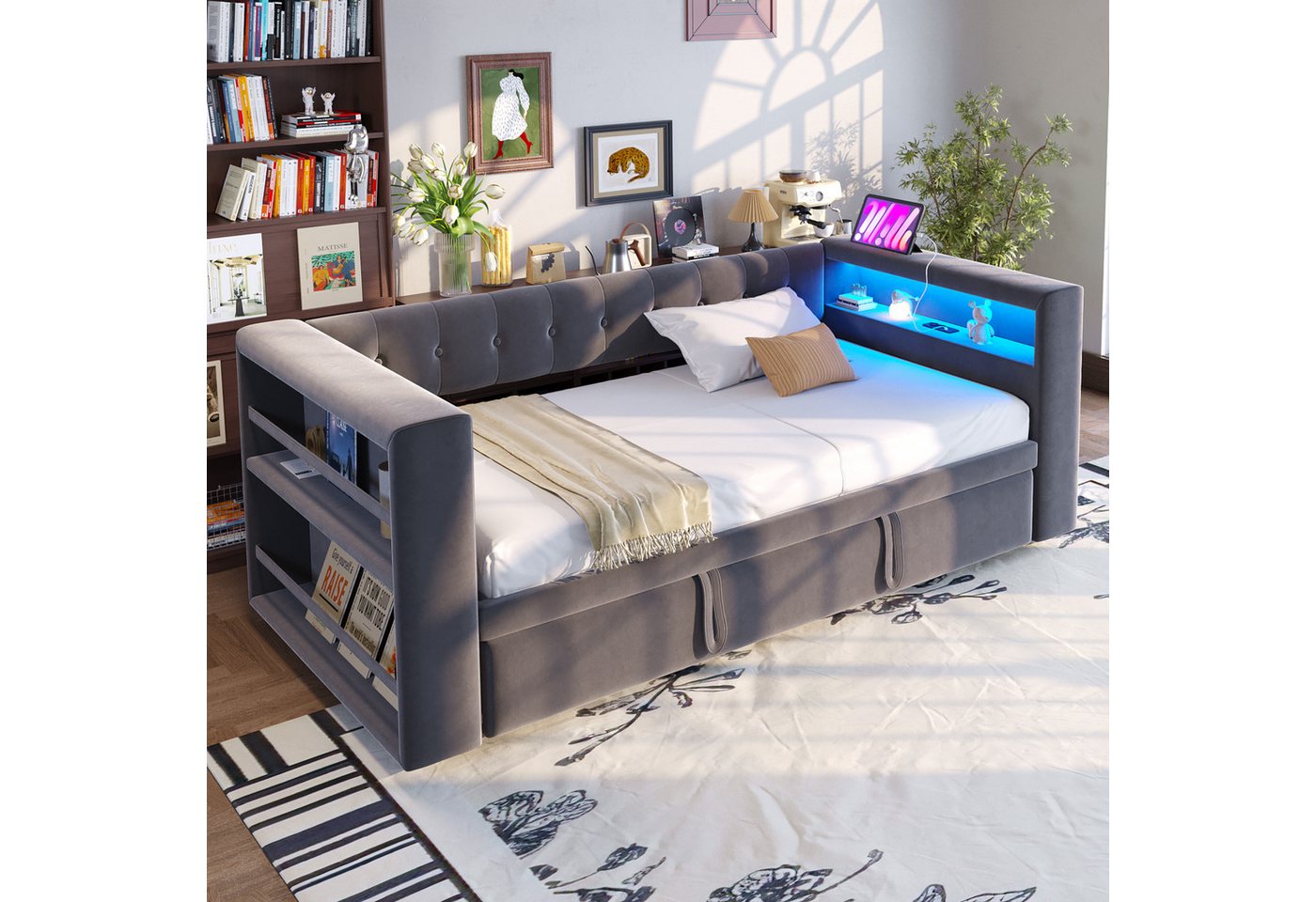 Flieks Daybett, Polsterbett Schlafsofa 90/180×190cm mit LED, Steckdose und Ausziehbett – Bild 4 von 5