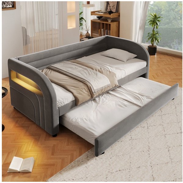 Flieks Daybett, Polsterbett 90x200cm mit Ausziehbett 90x190cm und LED-Beleuchtung