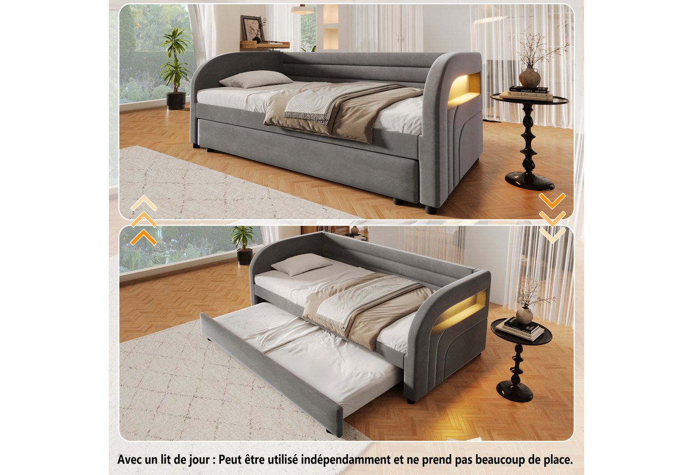 Flieks Daybett, Polsterbett 90x200cm mit Ausziehbett 90x190cm und LED-Beleuchtung – Bild 5 von 5