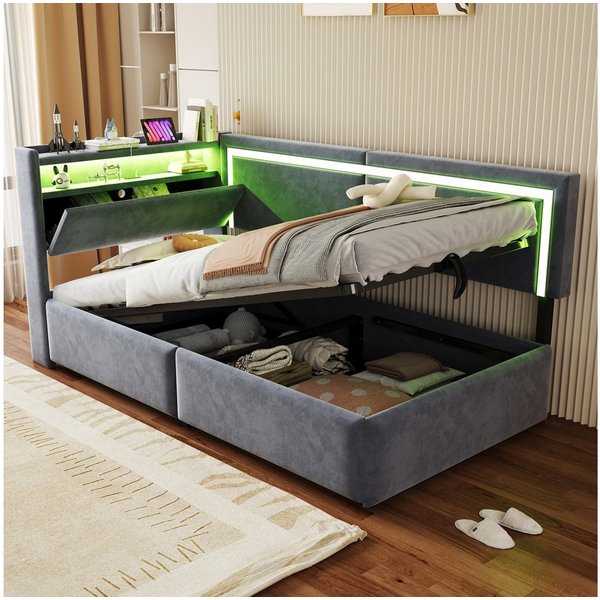 Flieks Daybett, Polsterbett 90x200cm mit hydraulischem Stauraum LED-Leiste USB/TYP-C