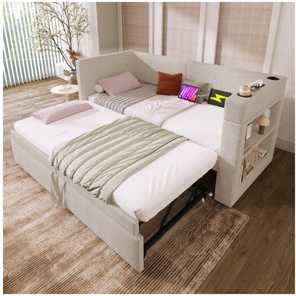 Flieks Daybett, Polsterbett 90/180x200cm mit Ausziehbett, Ladefunktion & Stauraumregal