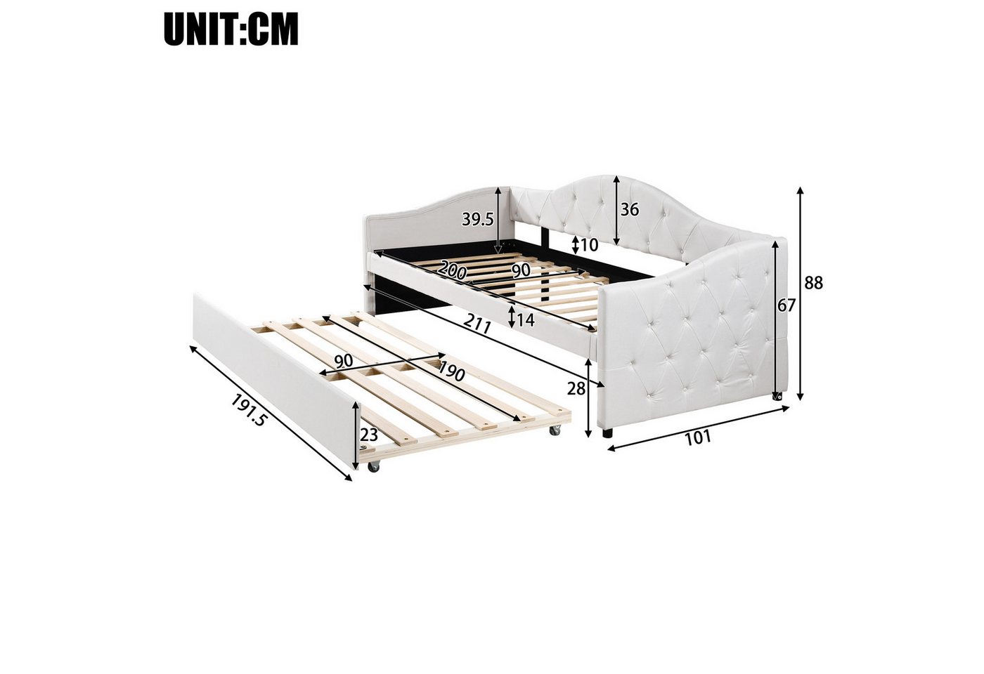 Flieks Daybett, Tagesbett Schlafsofa Kinderbett 90x200cm mit Ausziehbett 90x190cm – Bild 4 von 5