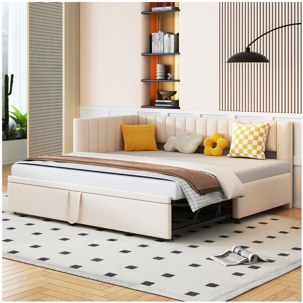 Flieks Daybett, L-förmiges Polsterbett Schlafsofa mit Ausziehbett 90x200cm/180x200cm