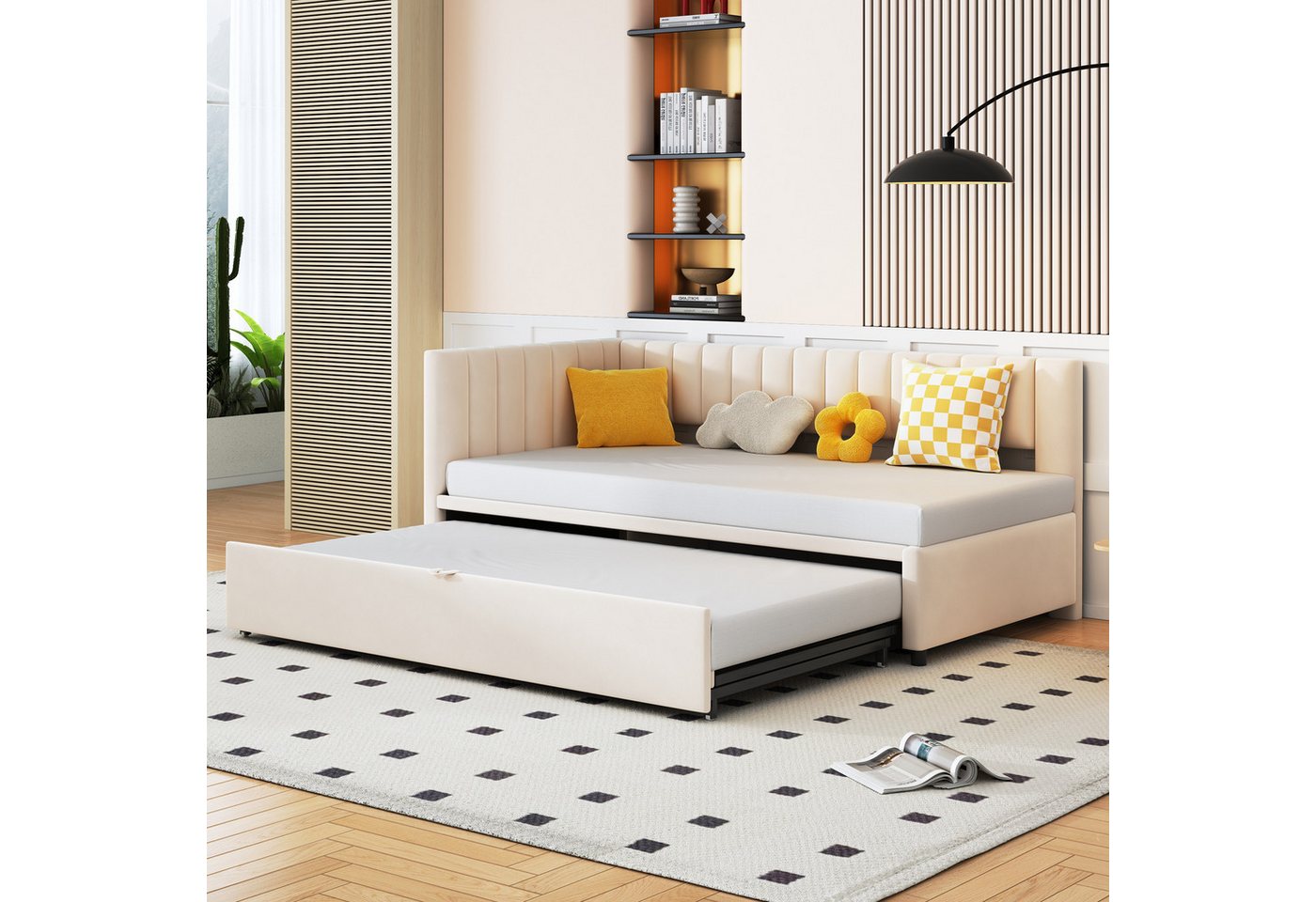 Flieks Daybett, L-förmiges Polsterbett Schlafsofa mit Ausziehbett 90x200cm/180x200cm – Bild 2 von 5