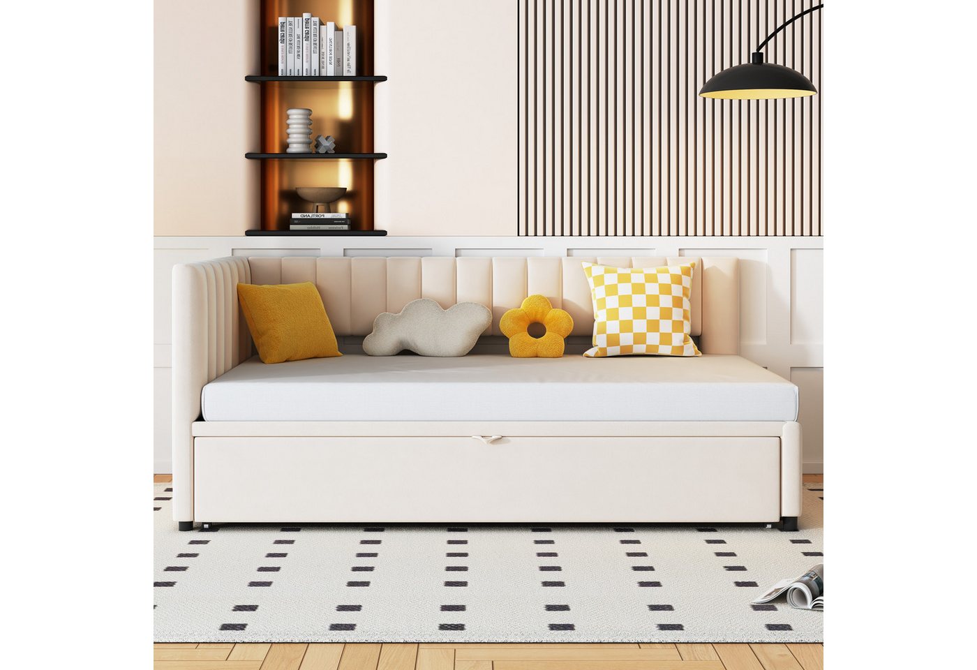 Flieks Daybett, L-förmiges Polsterbett Schlafsofa mit Ausziehbett 90x200cm/180x200cm – Bild 3 von 5