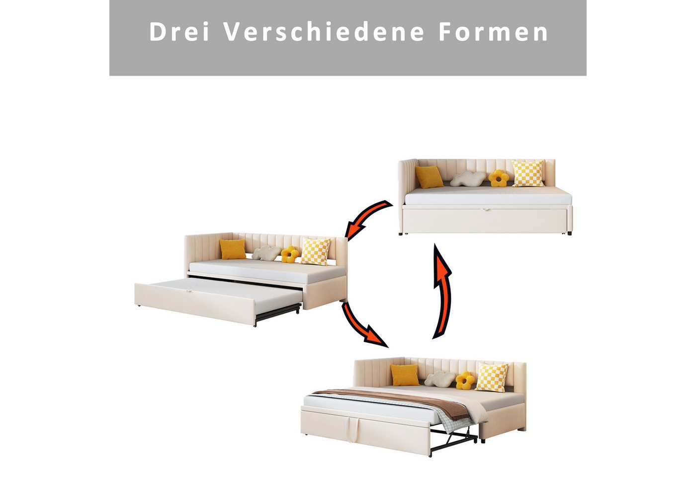 Flieks Daybett, L-förmiges Polsterbett Schlafsofa mit Ausziehbett 90x200cm/180x200cm – Bild 4 von 5