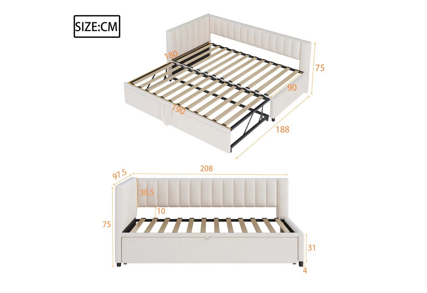 Flieks Daybett, L-förmiges Polsterbett Schlafsofa mit Ausziehbett 90x200cm/180x200cm – Bild 5 von 5