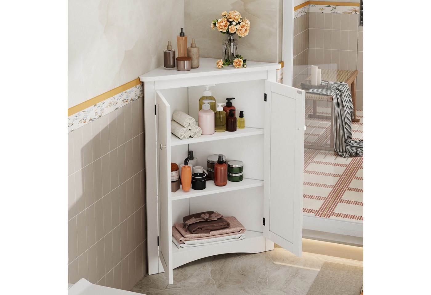 Flieks Eckschrank (1-St., B61,5xT34,5xH80 cm) Badkommode Mehrzweckschrank Eckkommode mit 3 Fächern Weiß – Bild 2 von 5