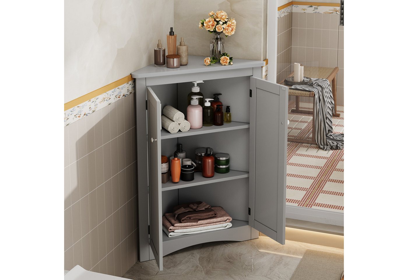 Flieks Eckschrank (1-St., B61,5xT34,5xH80 cm) Badkommode Mehrzweckschrank Eckkommode mit 3 Fächern Grau – Bild 2 von 5