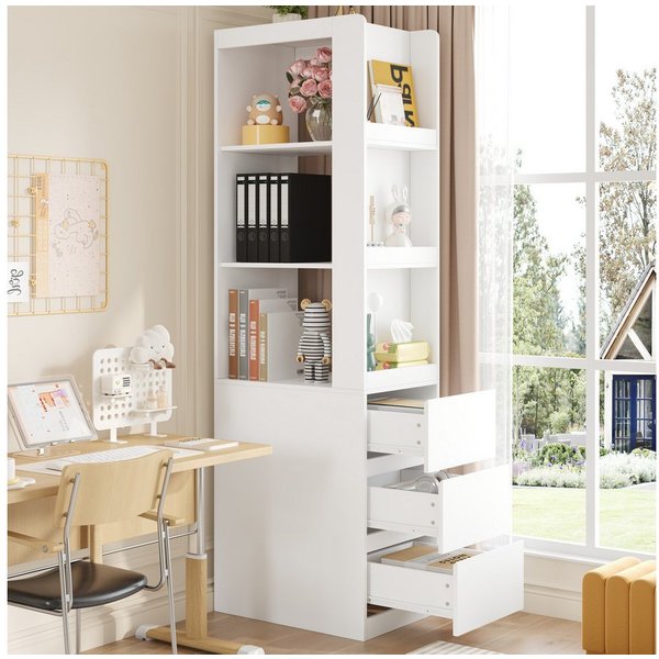 Flieks Eckschrank Bücherregal mit 3 seitlichen Schubladen und austauschbarer Ablagen (1-St., B40/T60/H200 cm) Standregal Mehrzweckschrank Eckregal Wohnzimmersch