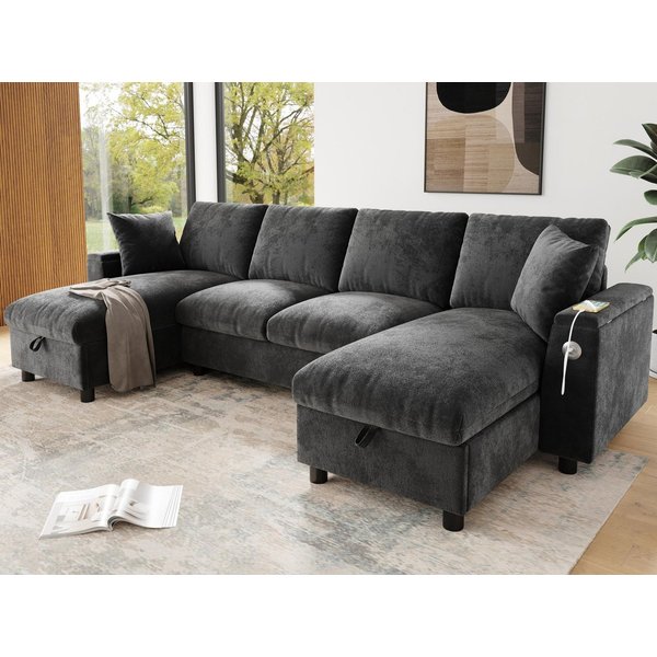 Flieks Ecksofa Couch U-Form Schlafsofa mit Ladefunktion, Schlaffunktion und Stauraum, 279×135×84 cm, Armlehne mit Staufach, USB-&Type-C-Anschluss, Bettfunktion,