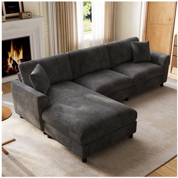 Flieks Ecksofa L-Form 3-Sitzer Schlafsofa, Chaiselongue links/rechts wechselbar, 256×137×79 cm, modularer Eckcouch Wolkenform mit Liegefläche Chenille Grau