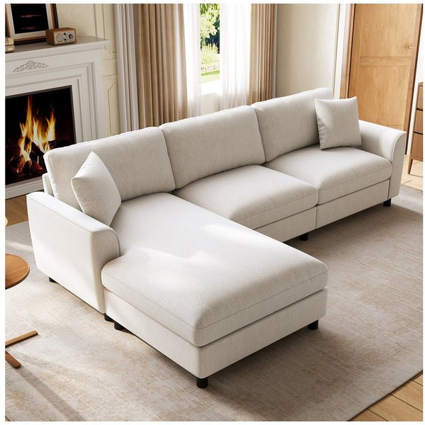 Flieks Ecksofa L-Form 3-Sitzer Schlafsofa, Chaiselongue links/rechts wechselbar, 256×137×79 cm, modularer Eckcouch Wolkenform mit Liegefläche Chenille Beige