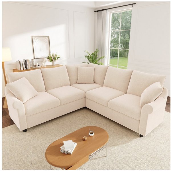 Flieks Ecksofa L-Form Couch mit Schlaffunktion 5-Sitzer Sofa aus Chenille-Stoff, 217×217×83 cm 1 Teile, Modulares Sofa mit 3 Zierkissen, Federkern für Wohnzimme