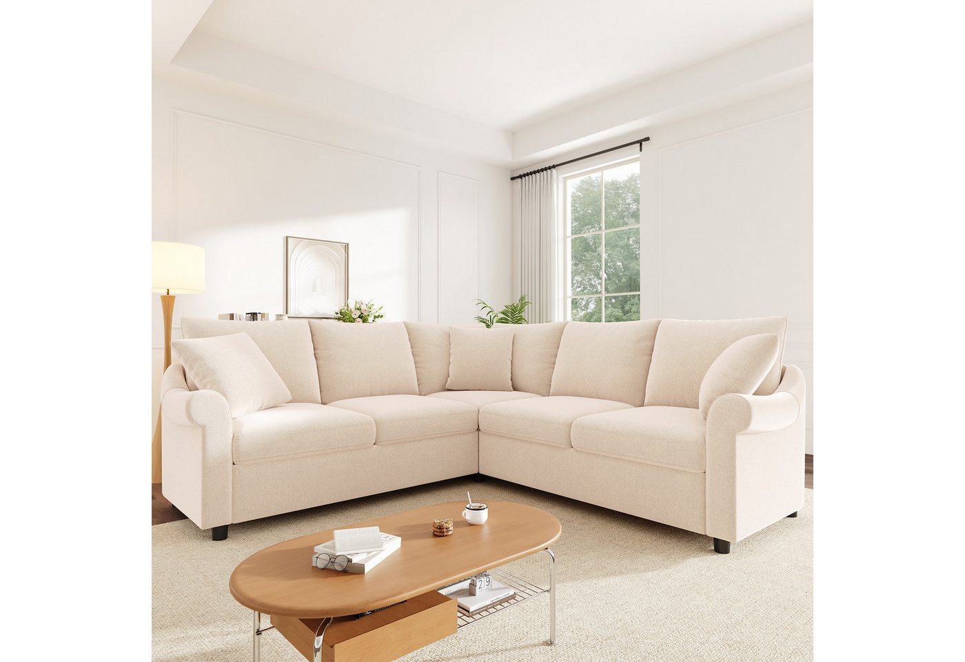 Flieks Ecksofa L-Form Couch mit Schlaffunktion 5-Sitzer Sofa aus Chenille-Stoff, 217×217×83 cm 1 Teile, Modulares Sofa mit 3 Zierkissen, Federkern für Wohnzimme – Bild 2 von 5
