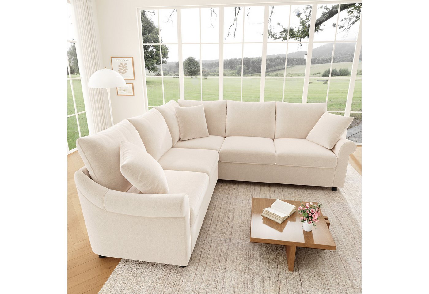 Flieks Ecksofa L-Form Couch mit Schlaffunktion 5-Sitzer Sofa aus Chenille-Stoff, 217×217×83 cm 1 Teile, Modulares Sofa mit 3 Zierkissen, Federkern für Wohnzimme – Bild 3 von 5