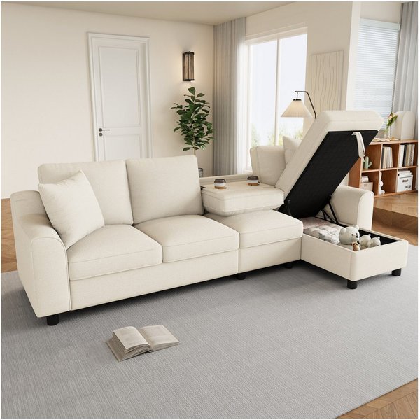 Flieks Ecksofa L-Form Sofa mit Bettkasten, klappbare Rückenlehne mit Getränkehaltern, 280×136×82 cm 1 Teile, multifunktionales modulares Sofa 4-Sitzer Schlafsof