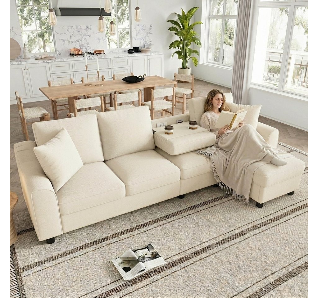 Flieks Ecksofa L-Form Sofa mit Bettkasten, klappbare Rückenlehne mit Getränkehaltern, 280×136×82 cm 1 Teile, multifunktionales modulares Sofa 4-Sitzer Schlafsof – Bild 3 von 5