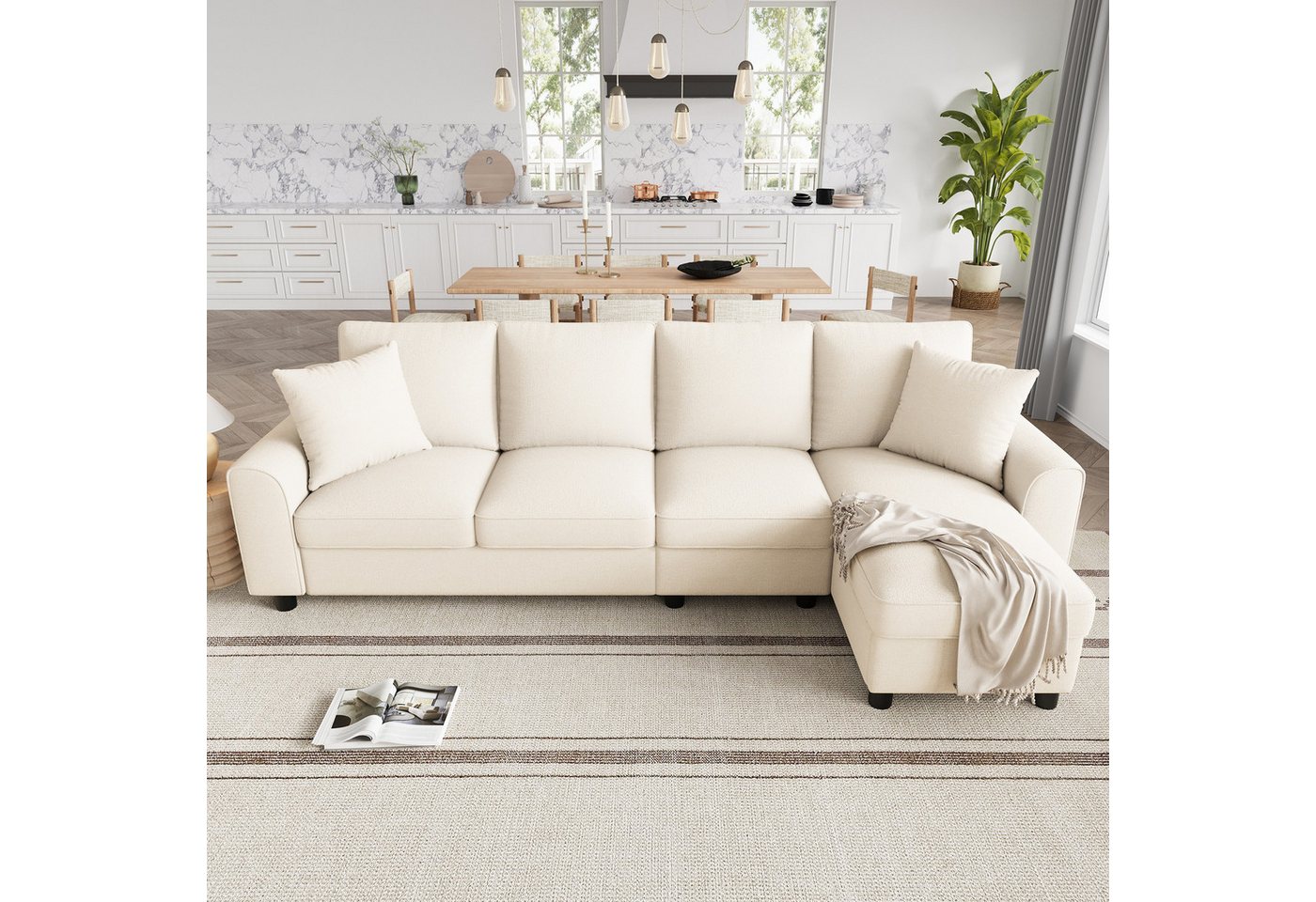 Flieks Ecksofa L-Form Sofa mit Bettkasten, klappbare Rückenlehne mit Getränkehaltern, 280×136×82 cm 1 Teile, multifunktionales modulares Sofa 4-Sitzer Schlafsof – Bild 4 von 5