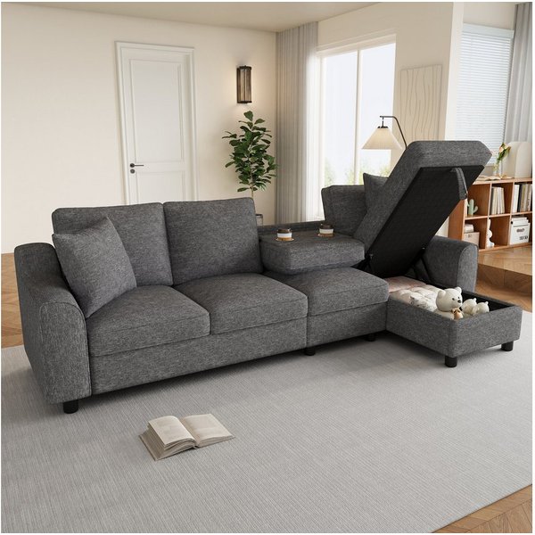 Flieks Ecksofa L-Form Sofa mit Bettkasten, klappbare Rückenlehne mit Getränkehaltern, 280×136×82 cm 1 Teile, multifunktionales modulares Sofa 4-Sitzer Schlafsof