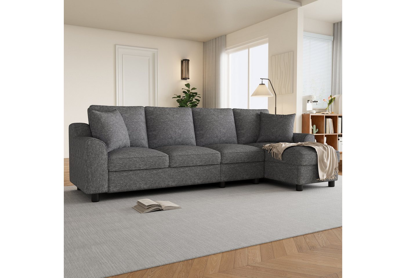 Flieks Ecksofa L-Form Sofa mit Bettkasten, klappbare Rückenlehne mit Getränkehaltern, 280×136×82 cm 1 Teile, multifunktionales modulares Sofa 4-Sitzer Schlafsof – Bild 2 von 5