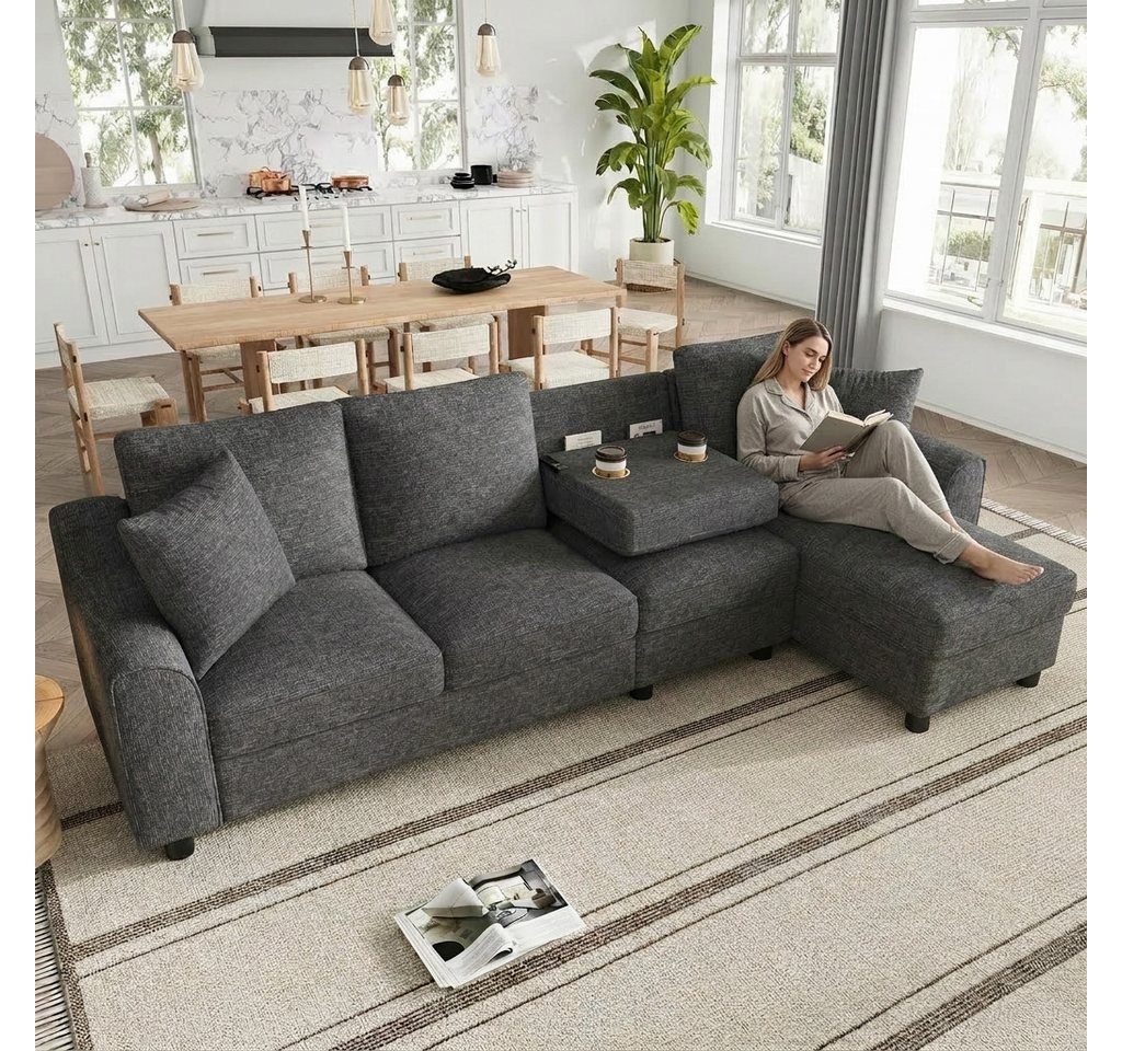 Flieks Ecksofa L-Form Sofa mit Bettkasten, klappbare Rückenlehne mit Getränkehaltern, 280×136×82 cm 1 Teile, multifunktionales modulares Sofa 4-Sitzer Schlafsof – Bild 3 von 5