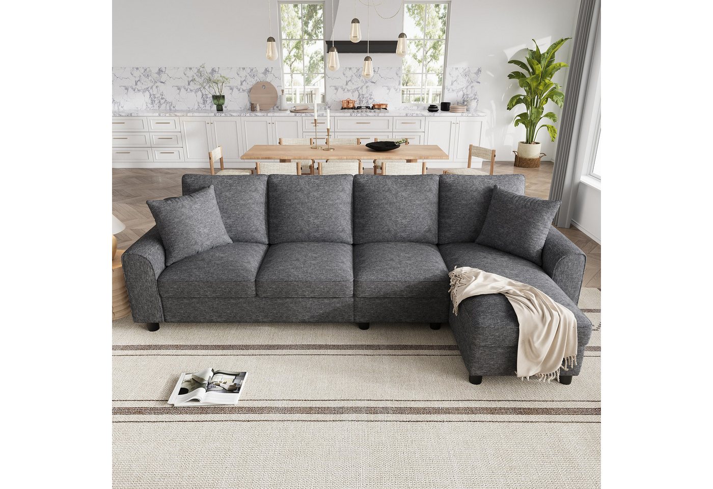 Flieks Ecksofa L-Form Sofa mit Bettkasten, klappbare Rückenlehne mit Getränkehaltern, 280×136×82 cm 1 Teile, multifunktionales modulares Sofa 4-Sitzer Schlafsof – Bild 4 von 5