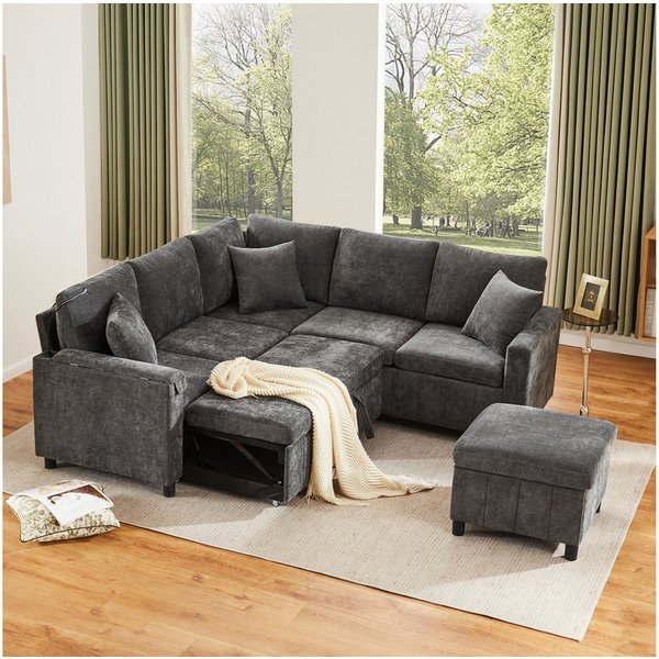 Flieks Ecksofa mit Schlaffunktion, Leselampe, USB&Type-C, und verstecktem Couchtisch, klappbare Rückenlehne mit Getränkehaltern, 5- Sitzer Ausziehsofa inkl. Hoc