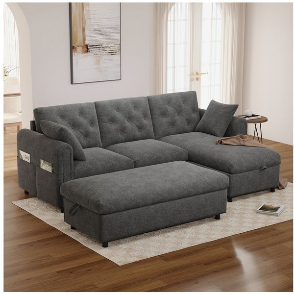 Flieks Ecksofa mit Schlaffunktion & Bettkasten, Chaiselongue links/rechts wechselbar, 219×131×86 cm, L-Form 3-Sitzer Schlafsofa inkl. Hocker mit Stauraum Samt G