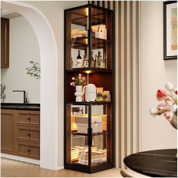Flieks Eckvitrine Glasvitrine mit LED-Beleuchtung und Glastüren, verspiegelter Rückwand (1-St., 42x44x205 cm) Standvitrine mit 5 Fächern Eckschrank Hochschrank 