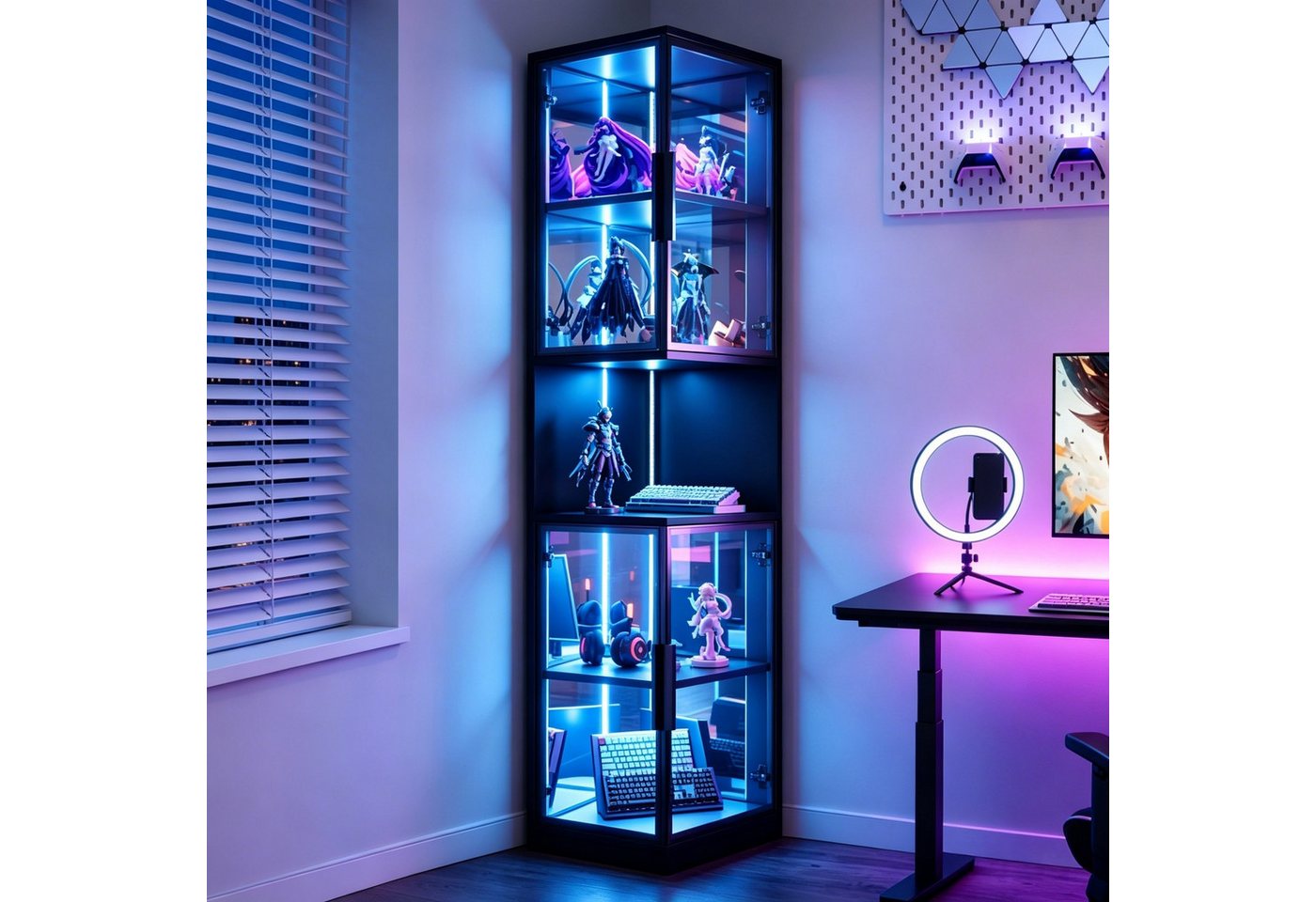 Flieks Eckvitrine Glasvitrine mit LED-Beleuchtung und Glastüren, verspiegelter Rückwand (1-St., 42x44x205 cm) Standvitrine mit 5 Fächern Eckschrank Hochschrank  – Bild 2 von 5