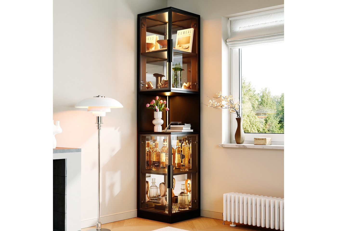Flieks Eckvitrine Glasvitrine mit LED-Beleuchtung und Glastüren, verspiegelter Rückwand (1-St., 42x44x205 cm) Standvitrine mit 5 Fächern Eckschrank Hochschrank  – Bild 3 von 5