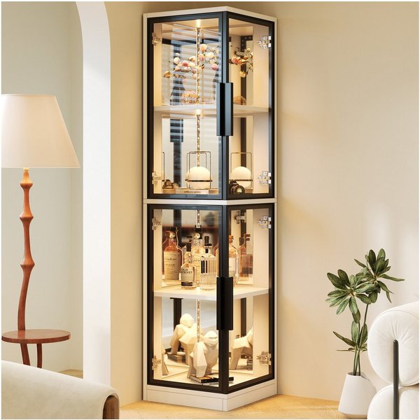 Flieks Eckvitrine Spiegelrückwand Glasvitrine Eckschrank Hochschrank mit LED-Beleuchtung (44×42×164 cm, 1-St., Multifunktionsschrank für Wohnzimmer, Schlafzimme