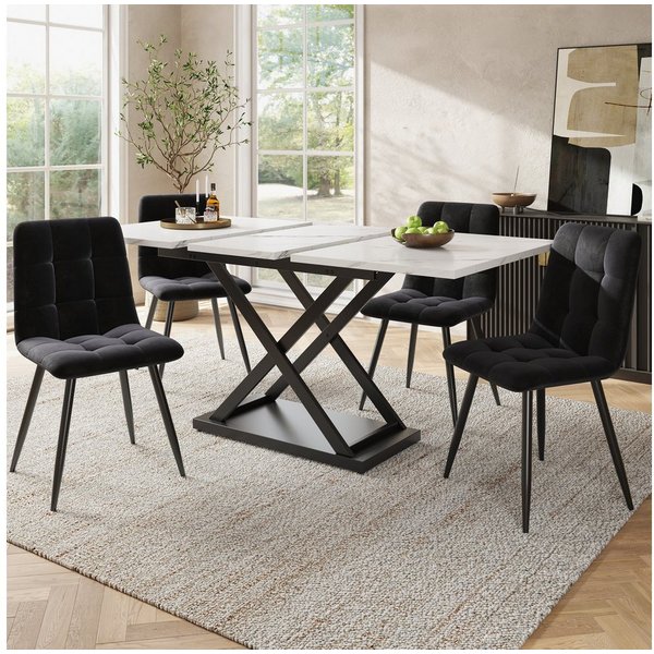 Flieks Essgruppe, (Set, 5-tlg., 120-160x80cm Tischplatte), ausziehbar Esstisch mit 4 Stühlen Set Küchetisch Esszimmerstuhl Samt
