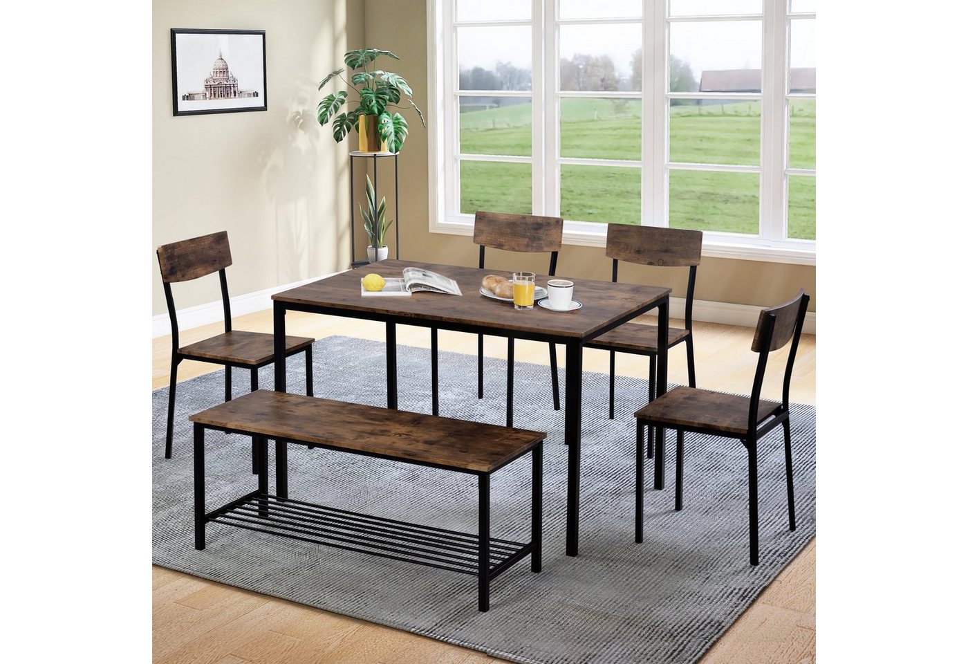Flieks Essgruppe, (Set, 6-tlg., für 6 Personen), Sitzgruppe Esstisch mit 4 Stühle und 1 Bank Esszimmer – Bild 2 von 5