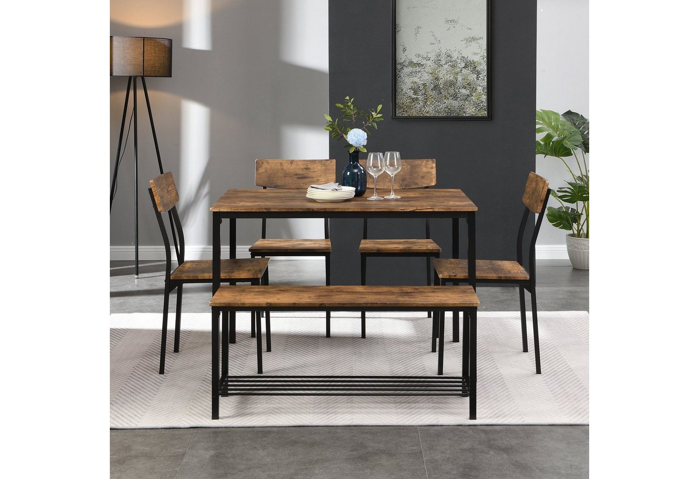 Flieks Essgruppe, (Set, 6-tlg., für 6 Personen), Sitzgruppe Esstisch mit 4 Stühle und 1 Bank Esszimmer – Bild 4 von 5