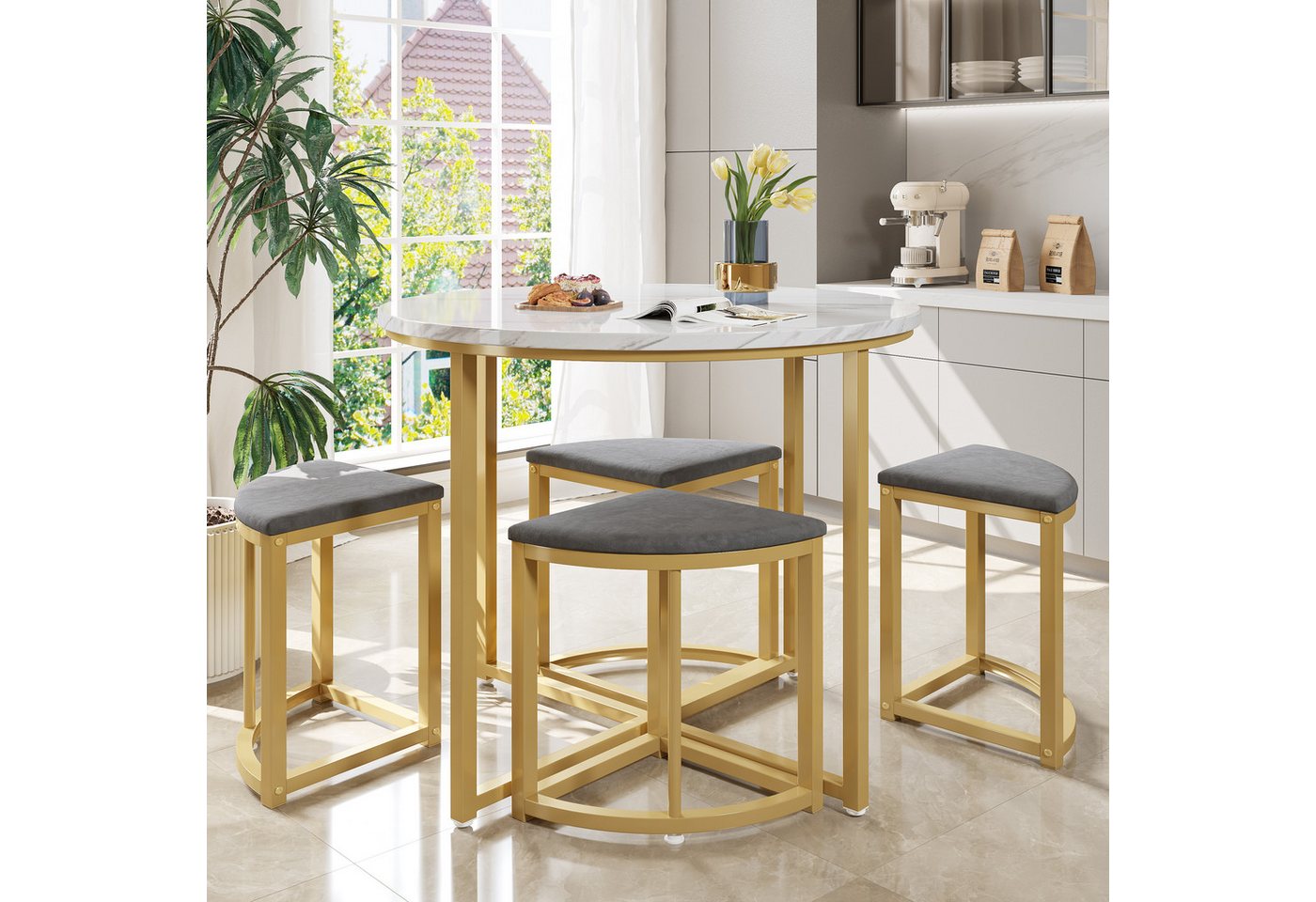 Flieks Essgruppe, (Set, 5-tlg., Tisch mit 4 Stühlen), runder Esstisch mit 4 Hocker Samt Set Küchetisch Esszimmerstühle – Bild 4 von 5