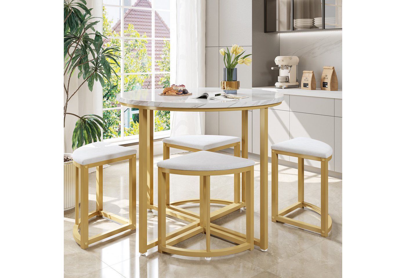 Flieks Essgruppe, (Set, 5-tlg., Tisch mit 4 Stühlen), runder Esstisch mit 4 Hocker Samt Set Küchetisch Esszimmerstühle – Bild 4 von 5