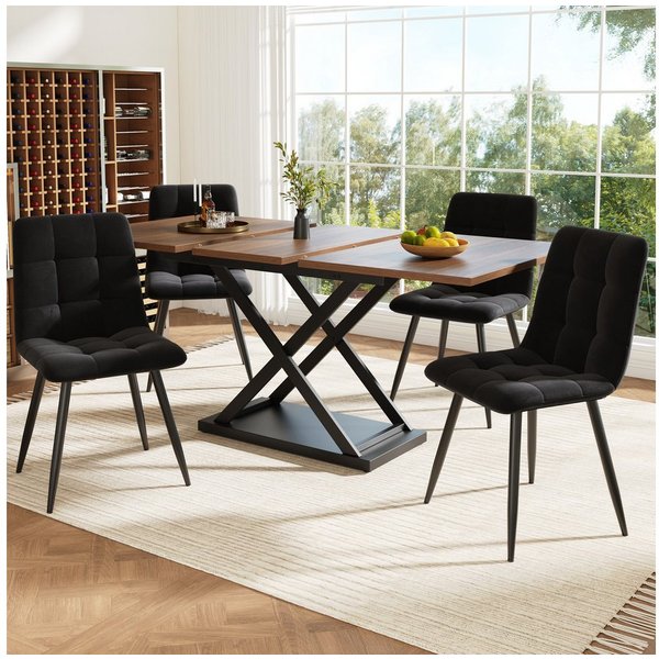 Flieks Essgruppe, (Set, 5-tlg., 120-160x80cm Tischplatte), ausziehbar Esstisch mit 4 Stühlen Set Küchetisch Esszimmerstuhl Samt